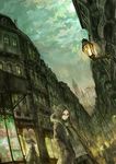  brown_hair building dutch_angle full_moon glasses hands_in_pockets highres lantern moon night original perspective road scarf scenery short_hair solo street tori_(qqqt) winter_clothes yellow_eyes 