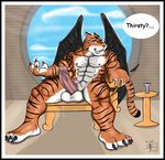  aaron balls barbs big_balls claws cum erection fangs feline grin horny looking_at_viewer male muscles nude penis precum presenting psychoram sitting solo spread_legs spreading stripe_kazama tail tattoo tiger wings 
