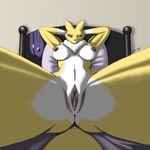  bed blue_eyes breasts canine digimon drip dripping female foreshortening fox front_view gloves mammal nipples perspective pov pussy pussy_juice raevild renamon smile solo spread_legs spreading 