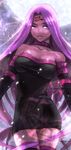  bare_shoulders breasts cassi cleavage dress facial_mark fate/stay_night fate_(series) forehead_mark large_breasts long_hair purple_eyes purple_hair rider solo strapless strapless_dress thighhighs thighs very_long_hair zettai_ryouiki 