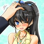  black_hair blue_eyes blush casual fang ganaha_hibiki idolmaster idolmaster_(classic) long_hair one_eye_closed out_of_frame petting ponytail sanada_ikki solo_focus 