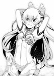  ar_tonelico ar_tonelico_i arms_behind_head arms_up bangs braid breasts bunny_pose cowboy_shot gloves greyscale hair_between_eyes headgear lace leotard light_smile long_hair looking_at_viewer monochrome see-through shurelia small_breasts smile solo terumii thighhighs twin_braids very_long_hair 