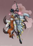  archer archery arrow bow_(weapon) canine female fox glowing jeddibub kitsune multiple_tails solo tail 