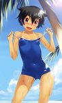  :d black_hair blush cloud collarbone competition_school_swimsuit day eyebrows fang flat_chest legs lens_flare one-piece_swimsuit oohara_kyuutarou open_mouth original red_eyes short_hair sky smile solo strap_pull swimsuit tan tanline thick_eyebrows tree undressing very_short_hair wet 