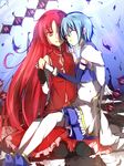  bare_shoulders blue_hair cape closed_eyes gloves ichigomiruku long_hair magical_girl mahou_shoujo_madoka_magica miki_sayaka multiple_girls ponytail red_eyes red_hair sakura_kyouko short_hair tears thighhighs 