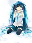  bad_id bad_pixiv_id bare_shoulders blue_eyes blue_hair hatsune_miku koromono long_hair necktie seiza sitting skirt solo tegaki thighhighs twintails very_long_hair vocaloid zettai_ryouiki 