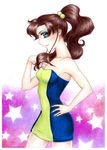  arm armpits arms bare_shoulders bishoujo_senshi_sailor_moon brown_hair cleavage dress female green_eyes hair_bobbles hand_on_hip kino_makoto lips long_hair nail_polish ponytail smile solo star stars strapless strapless_dress tagme wavy_hair 