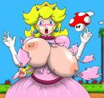  blonde_hair blush breast_expansion breasts crown huge_breasts mario_(series) mushroom nintendo nipples princess_peach super_mario super_mario_bros. torn_clothes 