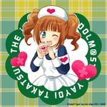  :d ariga_nao armband blue_eyes blush brown_hair candy cross food hat heart heart-shaped_pupils idolmaster idolmaster_(classic) jar jelly_bean nurse nurse_cap one_eye_closed open_mouth smile solo symbol-shaped_pupils takatsuki_yayoi twintails 