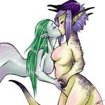  blush breasts dragongirl eyes_closed female green_hair hair hand_holding horns kissing lesbian nude own_character piercing pointy_ears purple_hair rozwell short_hair siren_(rozwell) standing unknown_species white_background 