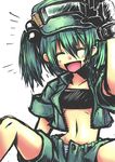  absurdres casual closed_eyes contemporary gloves goggles hand_on_goggles highres jacket kawashiro_nitori midriff navel open_mouth panties pantyshot shorts sleeves_rolled_up smile solo sports_bra striped striped_panties touhou two_side_up unbuttoned underwear yugami_gooshu 