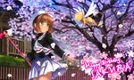  brown_hair cardcaptor_sakura cherry_blossoms fuuin_no_tsue green_eyes hair_bobbles hair_ornament hat kero kinomoto_sakura looking_up magical_girl mutsuki_(moonknives) school_uniform short_hair smile tomoeda_elementary_school_uniform twintails wand white_hat 