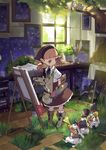  apron art_brush bird blonde_hair book boots bunny canvas_(object) cymbals easel gloves grass hat instrument jong_tu marching_band night night_sky oekaki_musume original paint paintbrush painting palette sky solo starry_sky_print tree trumpet window 