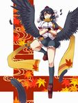  black_hair black_legwear black_wings feathers full_body geta hat highres kneehighs looking_at_viewer ooike_teru pointy_ears red_eyes scarf shameimaru_aya short_hair solo standing standing_on_one_leg tengu-geta tokin_hat touhou wings 