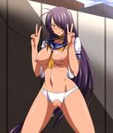  bangs blush breasts censored collar cropped_legs crotchless_panties dark_skin expressionless female femsub highres ikkitousen kan'u_unchou kanu_unchou large_breasts leash long_hair looking_at_viewer nipples outdoors panties pussy slave solo spec_(artist) torn_clothes underwear v 