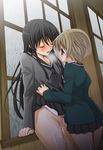  black_hair blush breath brown_hair closed_eyes fingering height_difference long_hair multiple_girls no_panties original pussy_juice school_uniform serafuku short_hair skirt skirt_lift takano_saku yuri 