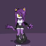  big_breasts boots bow breasts cat collar collar_tag ear_piercing feline female fingerless_gloves pants piercing purple shirt shorts solo standing wide_hips 