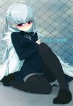  angelos_armas black_legwear blush dougan_calpis_con henri pantyhose red_eyes silver_hair solo 