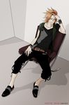  2010 belt bracelet chair character_name collarbone contemporary facial_mark green_eyes jewelry male_focus necklace orange_hair sarutobi_sasuke sengoku_basara sitting solo spiked_bracelet spiked_hair spikes temari114 vest wristband 