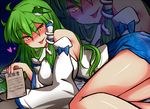 blush breasts check_translation frog green_hair hair_ornament heart kochiya_sanae large_breasts long_hair lying naughty_face note on_bed on_side roki_(hirokix) snake solo tongue touhou translated translation_request yellow_eyes zoom_layer 