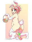  animal_ears ass basket blue_eyes bunny_ears bunny_tail easter easter_egg egg egg_laying flower open_mouth pregnant solo tail uncensored utilizator 