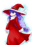  arms_at_sides blue_eyes blush daizan_(mount_position) dress hat jewelry long_hair low-tied_long_hair monster_maker purple_hair rufia_(monster_maker) smile solo witch witch_hat 
