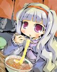  bad_id bad_pixiv_id carazuki chopsticks dress eating egg food hairband idolmaster idolmaster_(classic) long_hair meandros nonowa noodles purple_eyes ramen shijou_takane silver_hair solo 