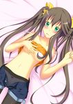  areaolae areolae blush breasts brown_hair character_request covering covering_breasts fang_lin_yin female flat_chest green_eyes hair_ribbon huang_lingyin infinite_stratos long_hair navel nipples panties pantyhose ribbon shorts solo twintails underwear 