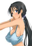  akiyama_mio alternate_hairstyle black_hair blue_eyes blush breasts cleavage covered_nipples eunos k-on! large_breasts long_hair ponytail sagging_breasts simple_background smile solo strap_slip tan tank_top tanline upper_body 