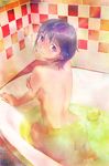  ass back bath bathtub black_eyes black_hair breasts highres kneeling looking_back medium_breasts nude original osamu partially_submerged rubber_duck shiny shiny_skin short_hair sideboob smile solo water wet wet_hair 