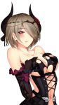  1girl bare_shoulders blush breasts cleavage commentary_request elbow_gloves fake_horns fishnet_gloves fishnets gloves grey_hair hair_over_one_eye hands_on_own_chest heart heart-shaped_pupils highres honkai_(series) honkai_impact_3 large_breasts looking_at_viewer naughty_face navel off_shoulder open_mouth purple_eyes revealing_clothes rita_rossweisse ruo_zhishi_chu_jian short_hair symbol-shaped_pupils underboob undressing upper_body 