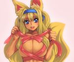  animal_ears blonde_hair breasts cleavage collarbone dark_skin fox_ears headband hikabe_sakuho kouretsuken_mahiru large_breasts long_hair naked_ribbon nude open_mouth ribbon shinrabanshou simple_background solo wavy_hair 