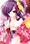  :q absurdres breast_hold breasts copyright_request hair_ribbon highres japanese_clothes kimono long_hair medium_breasts mikeou nipples off_shoulder one_side_up open_mouth purple_eyes purple_hair ribbon smile solo tongue tongue_out wakamezake 