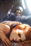  1girl bare_shoulders blood blood_stain blue_eyes copyright_request frown glasses gloves jana_schirmer lips long_hair looking_at_viewer nail_polish orange_hair realistic scalpel scarf surgeon surgical_mask 