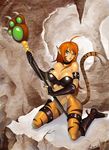  ahoge alternate_hairstyle animal_ears breasts breath_of_fire breath_of_fire_ii bustier cat_ears crotch_rub facial_mark felsus fingerless_gloves gloves green_eyes kneeling large_breasts lingerie long_hair orange_hair rinpoo_chuan solo staff underwear weapon 