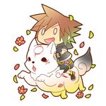  :d banana_gyuunyuu brown_hair chibi chibiterasu crossover flower kingdom_hearts kingdom_hearts_ii ookami_(game) ookamiden open_mouth petals riding simple_background smile sora_(kingdom_hearts) 