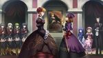  6+girls artist_request beatrice belphegor boots dress eva_beatrice frederica_bernkastel game_cg highres lambdadelta leviathan_(umineko) lucifer multiple_girls necktie pink_neckwear portrait_(object) ronove satan stakes_of_purgatory thighhighs umineko_no_naku_koro_ni 