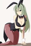 all_fours animal_ears aqua_eyes bad_id bad_pixiv_id breast_hold breasts bunny_ears bunny_tail bunnysuit cleavage green_hair kichihachi kneeling large_breasts long_hair original pantyhose solo tail thigh_gap vest wide_hips wrist_cuffs 