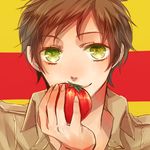  axis_powers_hetalia brown_hair face green_eyes hachi_(aimu) hands male_focus solo spain_(hetalia) tomato 