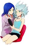  1girl bad_id bad_pixiv_id blue_eyes blue_hair blush crossdressing green_eyes hair_ornament hairclip hand_mirror hinabu inazuma_eleven inazuma_eleven_(series) makeup mirror suzuno_fuusuke urubida white_hair 