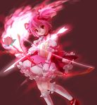 arrow bad_id bad_pixiv_id bow_(weapon) flower gloves hair_ribbon highres kaname_madoka konya_(chocolate_palette) magical_girl mahou_shoujo_madoka_magica pink_eyes pink_hair red_flower red_rose ribbon rose short_hair smile solo twintails weapon 