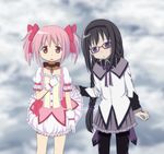  :o akemi_homura bad_id bad_pixiv_id black_hair bow braid bubble_skirt curancuran glasses gloves hair_bow hairband jewelry kaname_madoka magical_girl mahou_shoujo_madoka_magica multiple_girls official_style pantyhose pendant pink_eyes pink_hair purple_eyes red-framed_eyewear skirt skirt_flip skirt_lift spoilers 