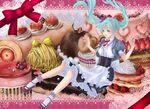  apron bad_id bad_pixiv_id blue_eyes blue_hair bow bowtie corset dress floating_hair food frills hatsune_miku hinagaeru long_hair open_mouth socks solo sweets twintails vocaloid 