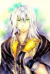  cloak green_eyes highres kingdom_hearts kurotennsi long_hair male_focus riku silver_hair solo 
