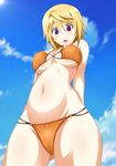  1girl absurdres arms_behind_back bare_shoulders bikini blonde_hair blue_sky blush body_blush breasts cameltoe charlotte_dunois cloud covered_nipples derivative_work erect_nipples female from_below gluteal_fold highres hips infinite_stratos long_hair looking_at_viewer looking_down lowleg lowleg_bikini mound_of_venus navel open_mouth orange_bikini outdoors purple_eyes sky solo standing sunlight surprised swimsuit thigh_gap thighs underboob vector_trace 