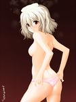  breasts from_behind looking_back medium_breasts original panties red_eyes short_hair simple_background solo topless towel towel_on_head underwear underwear_only undressing white_hair yuzuriha_p 