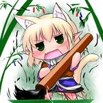  animal_ears blonde_hair calligraphy_brush cat_ears cat_tail chibi extra_ears green_hair hoshizuki_(seigetsu) kemonomimi_mode mizuhashi_parsee paintbrush puru-see scarf solo tail tanabata tanzaku touhou trembling 