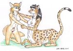 black_hair blonde_hair breasts canine chakat couple fennec forestwalker fox hair hellenic herm holding intersex kneeling leanna long_hair looking_at_each_other nipples nude opal_weasel orange peeking penis pussy sheath spots tail taur whiskers white yellow 