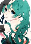  bad_id bad_pixiv_id blue_eyes bridal_gauntlets earrings finger_to_mouth green_hair hatsune_miku jewelry long_hair shushing simple_background solo vocaloid 