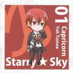  ahoge artist_request belt buckle chibi long_sleeves male_focus necktie number red_eyes red_hair red_neckwear solo starry_sky_(game) tomoe_you 